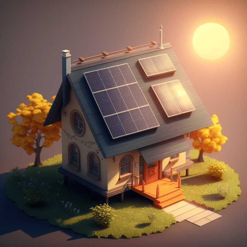 Illustrasjonsbilde av hus med solceller på taket, solen skinner på solcelleanlegget.